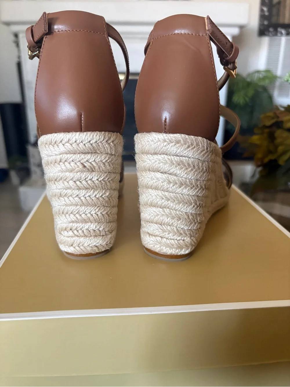 NWT! Michael Kors Brown Leather & Logo Espadrille Wedge Sandals